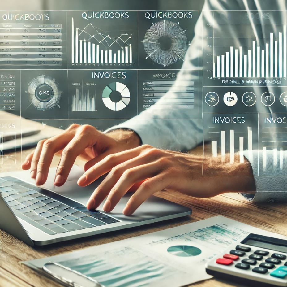 Businessperson using QuickBooks on a laptop to manage financial reports and invoices in a modern office environment.