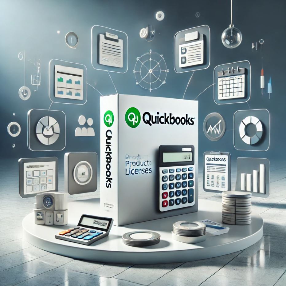 QuickBooks licenses with icons representing business productivity tools like calendars, invoices, and financial charts, designed for small and medium businesses